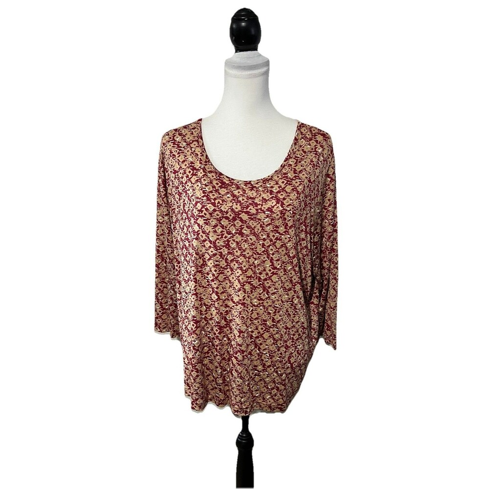 CJ Banks Slinky Blouse Plus Sz 2X 100% Silk Tunic Top Maroon & Tan 3/4 Sleeves